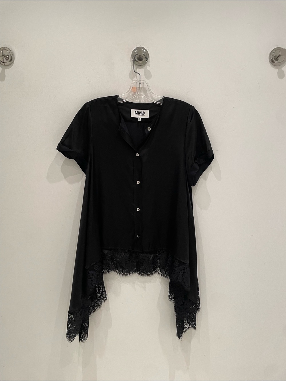 Maison Martin Margiela Black Short-Sleeve Button Front Lace-Hem Blouse